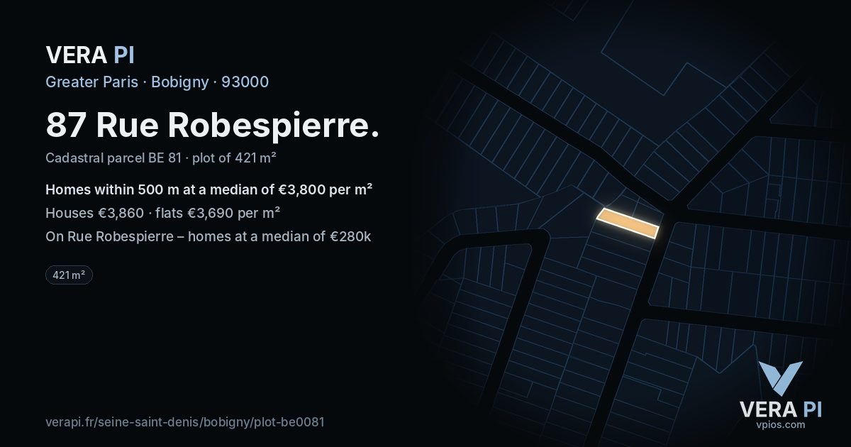 87 Rue Robespierre, Bobigny at night – the plot lit, the parcels around coloured by the prices near them