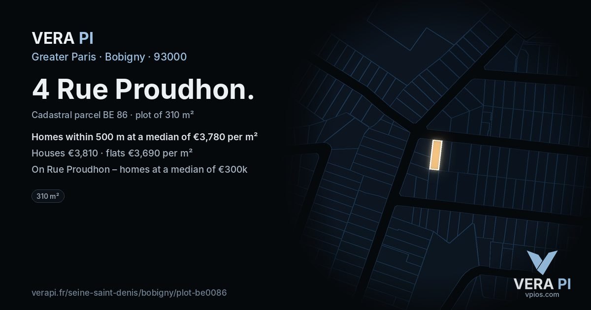 4 Rue Proudhon, Bobigny at night – the plot lit, the parcels around coloured by the prices near them