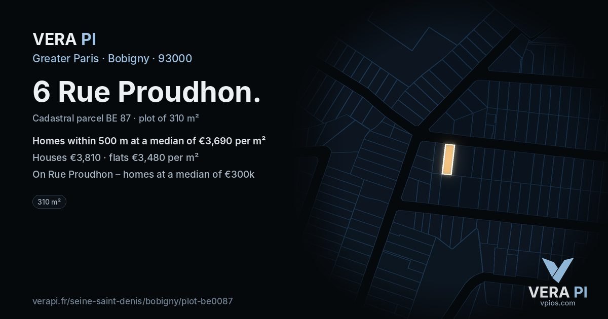 6 Rue Proudhon, Bobigny at night – the plot lit, the parcels around coloured by the prices near them