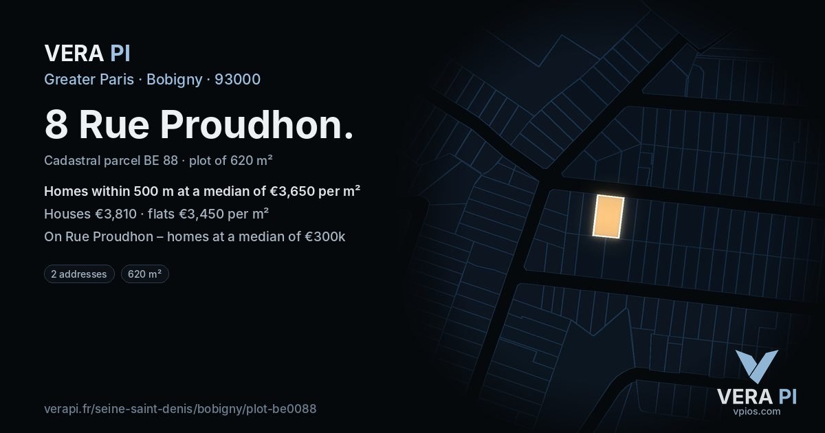 8 Rue Proudhon, Bobigny at night – the plot lit, the parcels around coloured by the prices near them