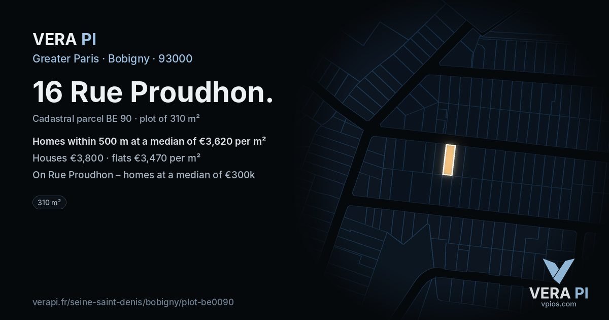 16 Rue Proudhon, Bobigny at night – the plot lit, the parcels around coloured by the prices near them