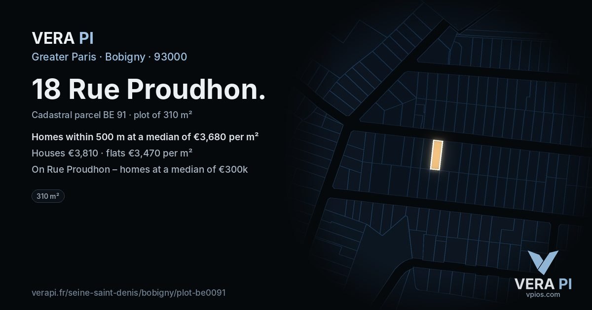 18 Rue Proudhon, Bobigny at night – the plot lit, the parcels around coloured by the prices near them