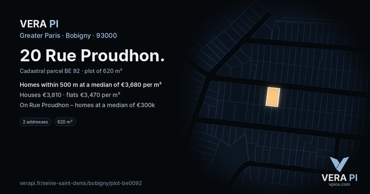 20 Rue Proudhon, Bobigny at night – the plot lit, the parcels around coloured by the prices near them