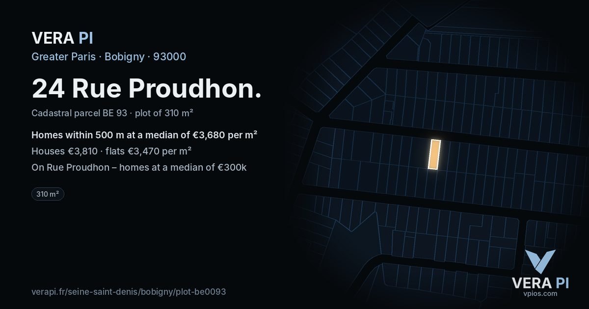 24 Rue Proudhon, Bobigny at night – the plot lit, the parcels around coloured by the prices near them