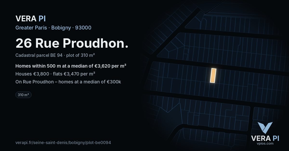 26 Rue Proudhon, Bobigny at night – the plot lit, the parcels around coloured by the prices near them