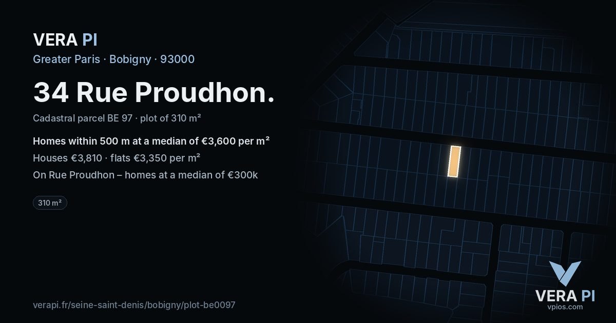 34 Rue Proudhon, Bobigny at night – the plot lit, the parcels around coloured by the prices near them
