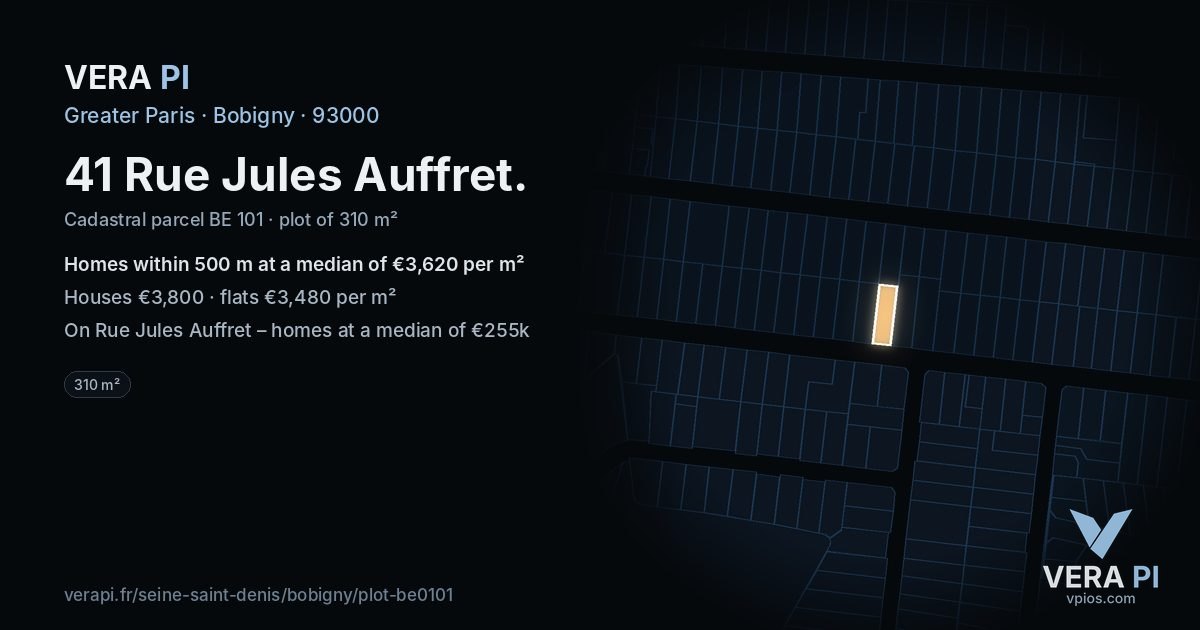 41 Rue Jules Auffret, Bobigny at night – the plot lit, the parcels around coloured by the prices near them