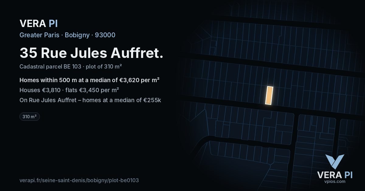 35 Rue Jules Auffret, Bobigny at night – the plot lit, the parcels around coloured by the prices near them