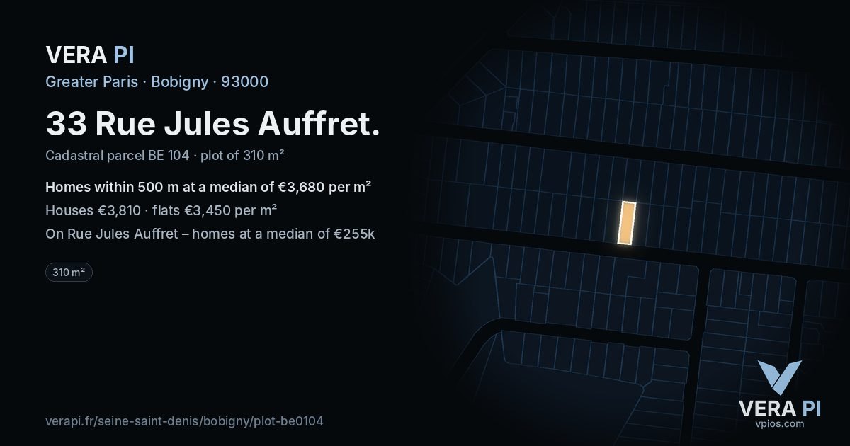 33 Rue Jules Auffret, Bobigny at night – the plot lit, the parcels around coloured by the prices near them