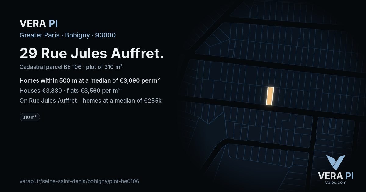 29 Rue Jules Auffret, Bobigny at night – the plot lit, the parcels around coloured by the prices near them