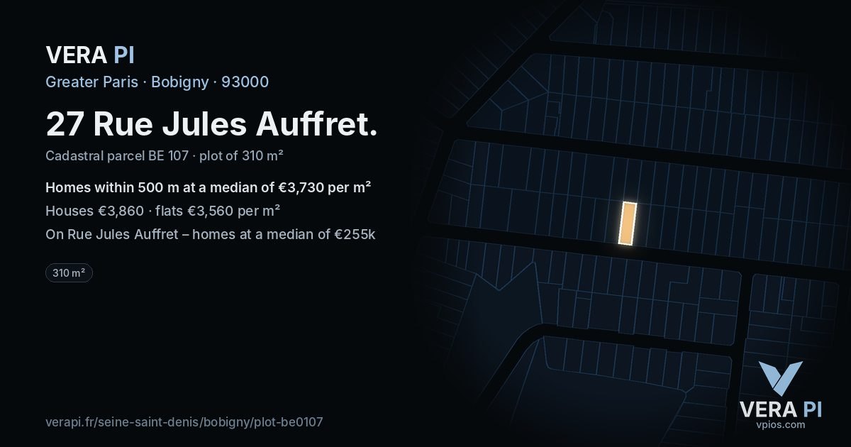 27 Rue Jules Auffret, Bobigny at night – the plot lit, the parcels around coloured by the prices near them