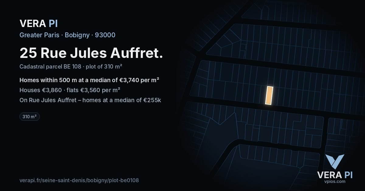 25 Rue Jules Auffret, Bobigny at night – the plot lit, the parcels around coloured by the prices near them