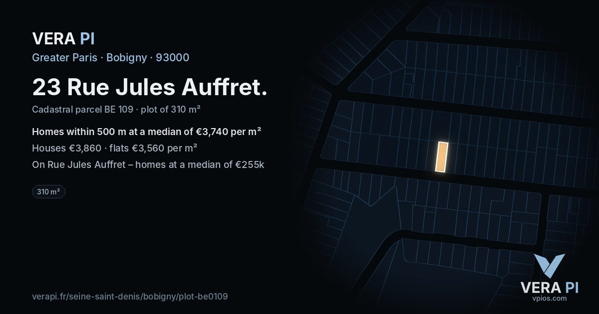 23 Rue Jules Auffret, Bobigny at night – the plot lit, the parcels around coloured by the prices near them