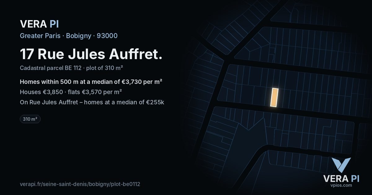 17 Rue Jules Auffret, Bobigny at night – the plot lit, the parcels around coloured by the prices near them
