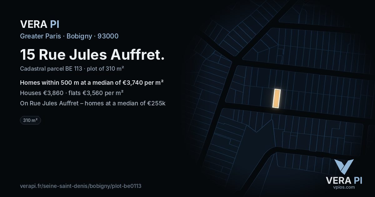15 Rue Jules Auffret, Bobigny at night – the plot lit, the parcels around coloured by the prices near them