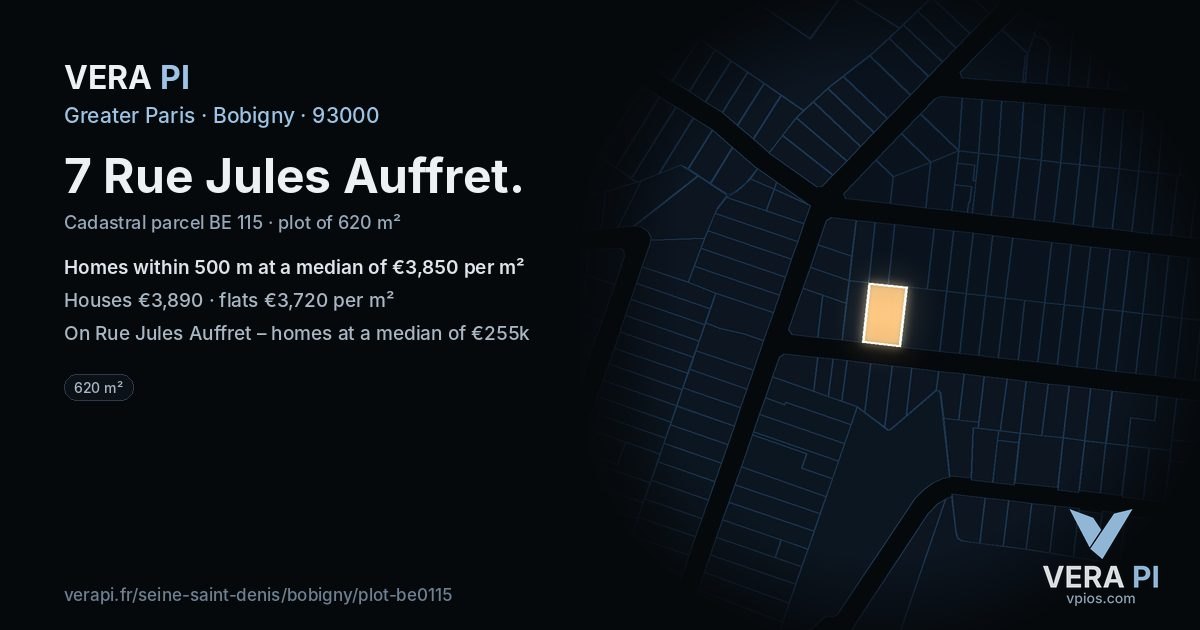 7 Rue Jules Auffret, Bobigny at night – the plot lit, the parcels around coloured by the prices near them