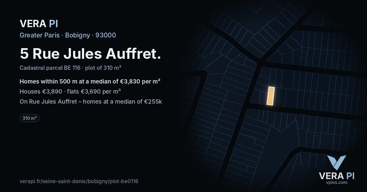 5 Rue Jules Auffret, Bobigny at night – the plot lit, the parcels around coloured by the prices near them