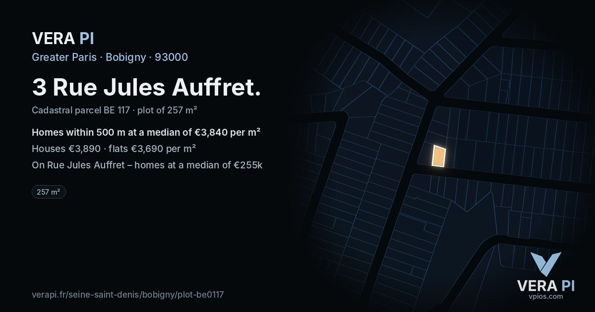 3 Rue Jules Auffret, Bobigny at night – the plot lit, the parcels around coloured by the prices near them
