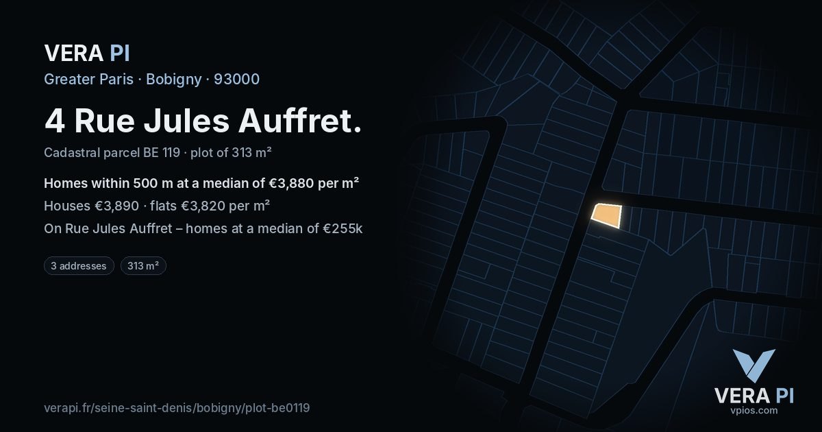 4 Rue Jules Auffret, Bobigny at night – the plot lit, the parcels around coloured by the prices near them