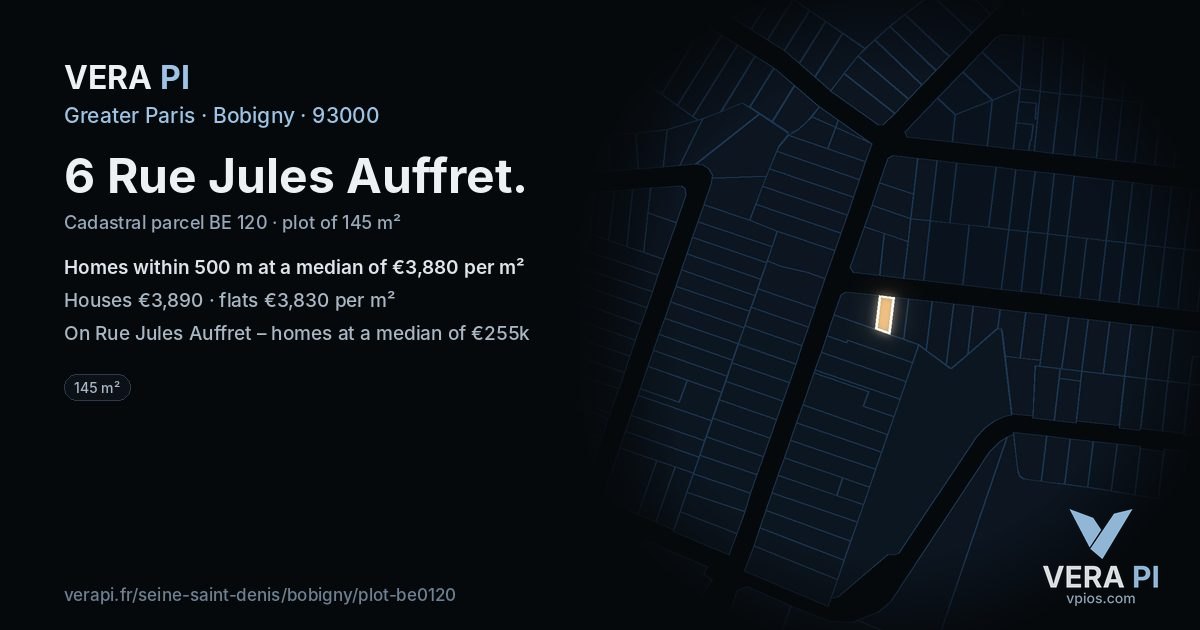 6 Rue Jules Auffret, Bobigny at night – the plot lit, the parcels around coloured by the prices near them