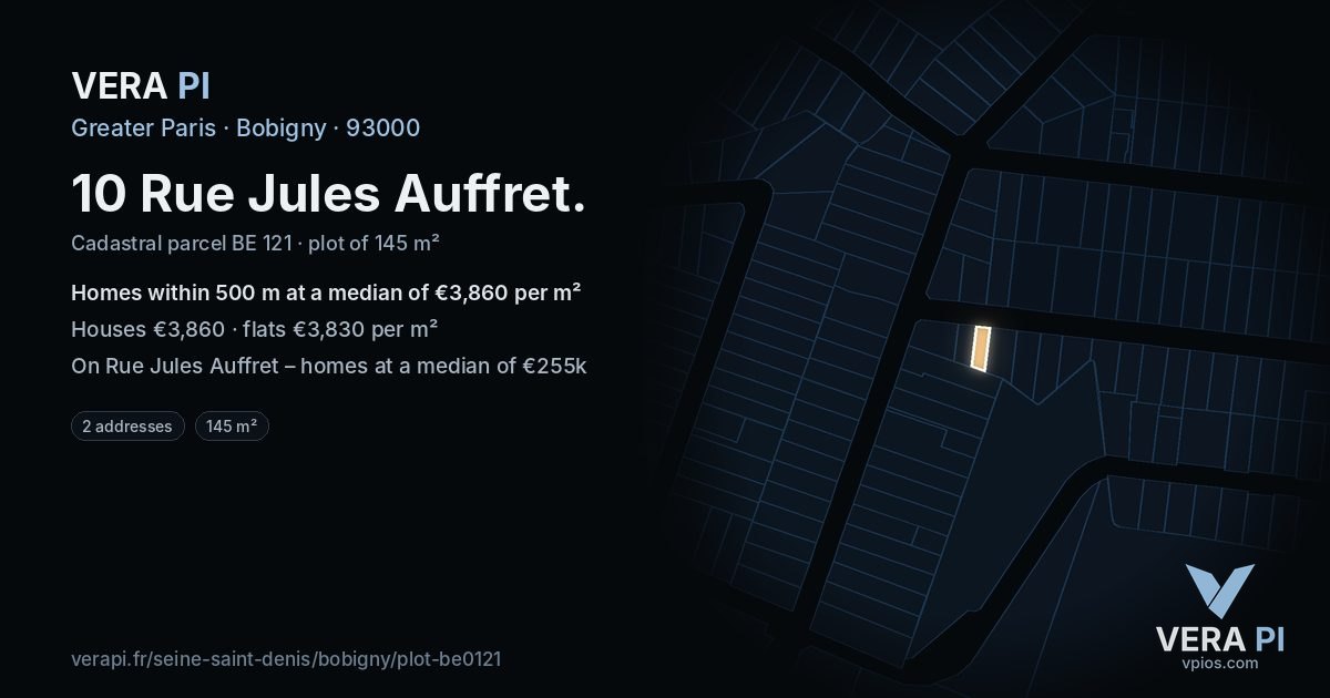 10 Rue Jules Auffret, Bobigny at night – the plot lit, the parcels around coloured by the prices near them