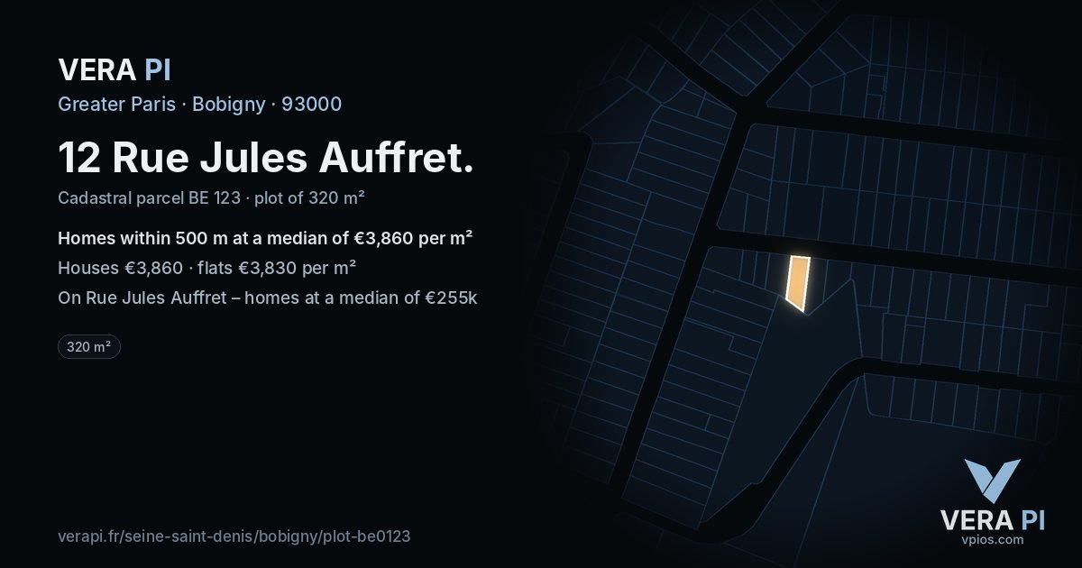 12 Rue Jules Auffret, Bobigny at night – the plot lit, the parcels around coloured by the prices near them