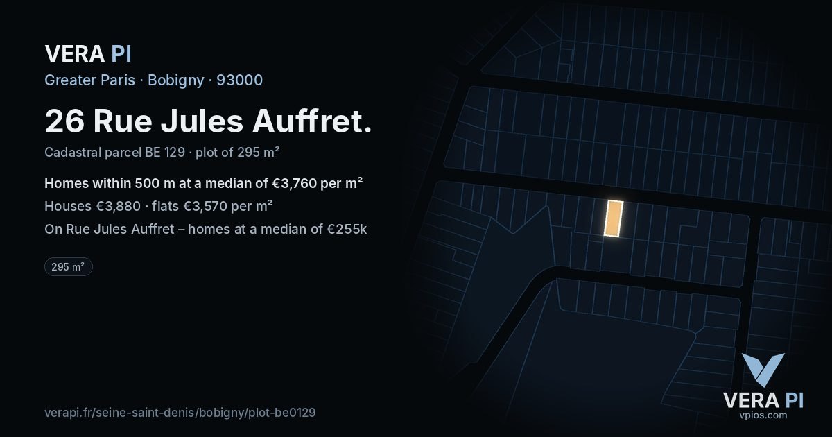 26 Rue Jules Auffret, Bobigny at night – the plot lit, the parcels around coloured by the prices near them