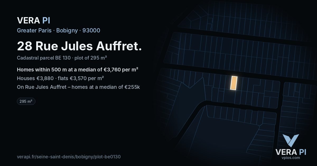 28 Rue Jules Auffret, Bobigny at night – the plot lit, the parcels around coloured by the prices near them