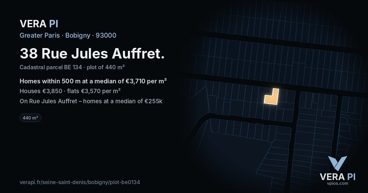 38 Rue Jules Auffret, Bobigny at night – the plot lit, the parcels around coloured by the prices near them