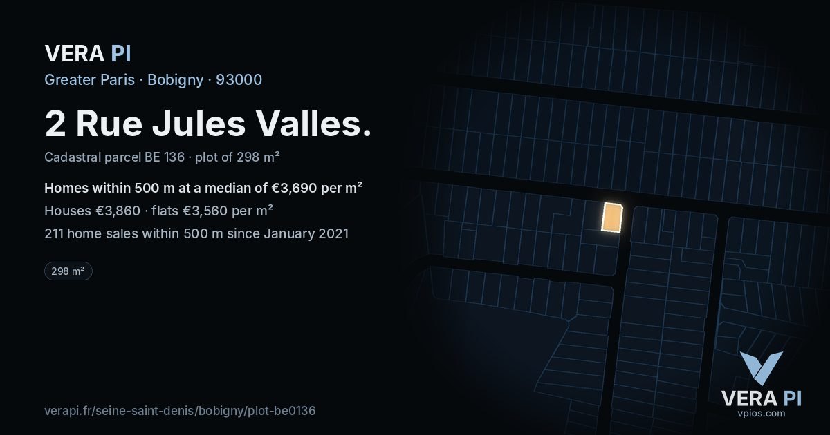 2 Rue Jules Valles, Bobigny at night – the plot lit, the parcels around coloured by the prices near them