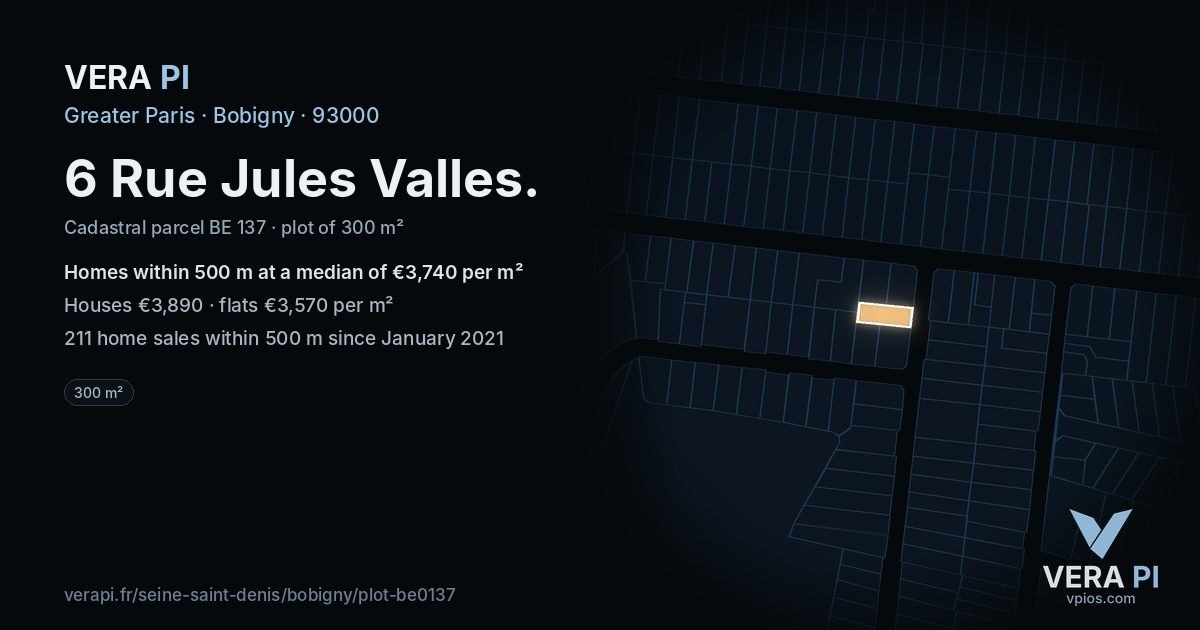6 Rue Jules Valles, Bobigny at night – the plot lit, the parcels around coloured by the prices near them