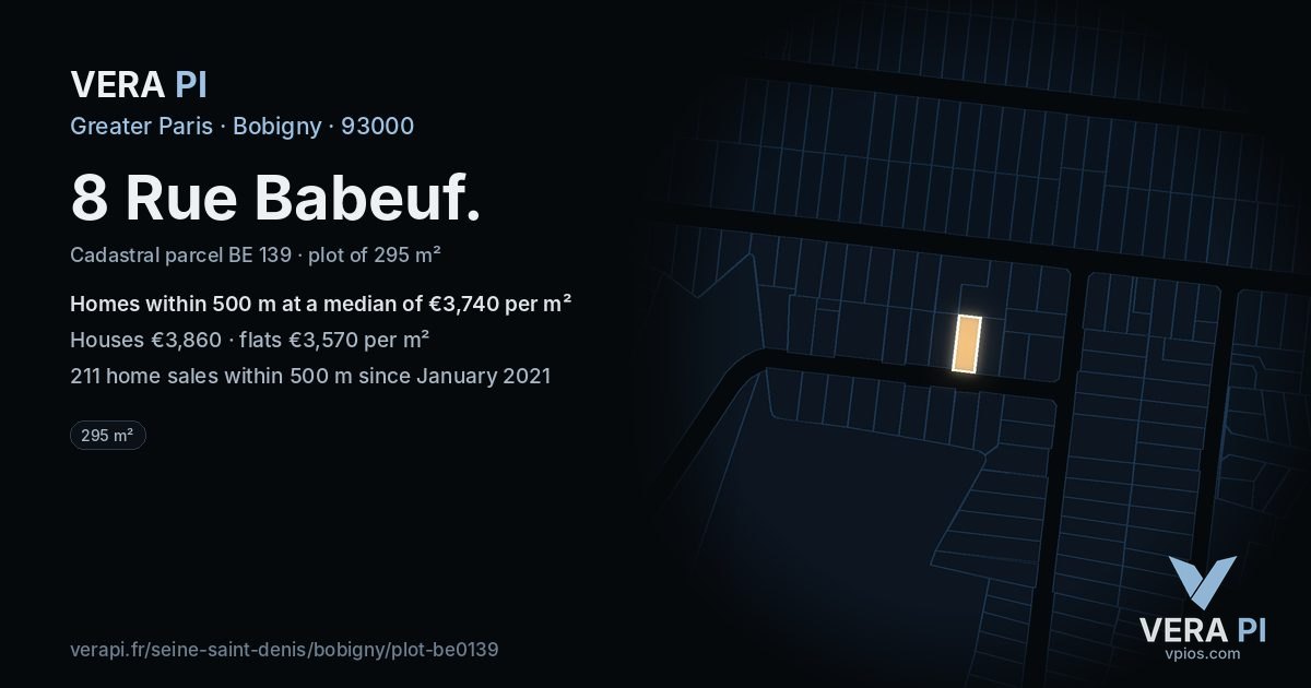 8 Rue Babeuf, Bobigny at night – the plot lit, the parcels around coloured by the prices near them