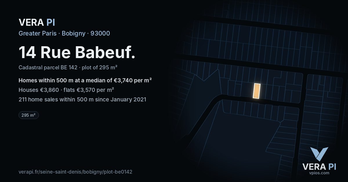 14 Rue Babeuf, Bobigny at night – the plot lit, the parcels around coloured by the prices near them