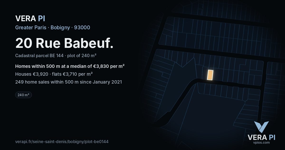 20 Rue Babeuf, Bobigny at night – the plot lit, the parcels around coloured by the prices near them