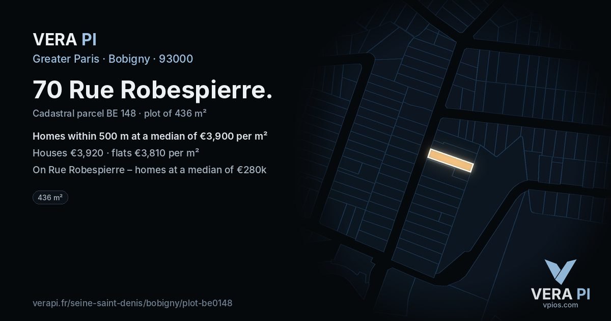 70 Rue Robespierre, Bobigny at night – the plot lit, the parcels around coloured by the prices near them