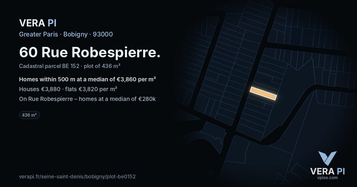 60 Rue Robespierre, Bobigny at night – the plot lit, the parcels around coloured by the prices near them