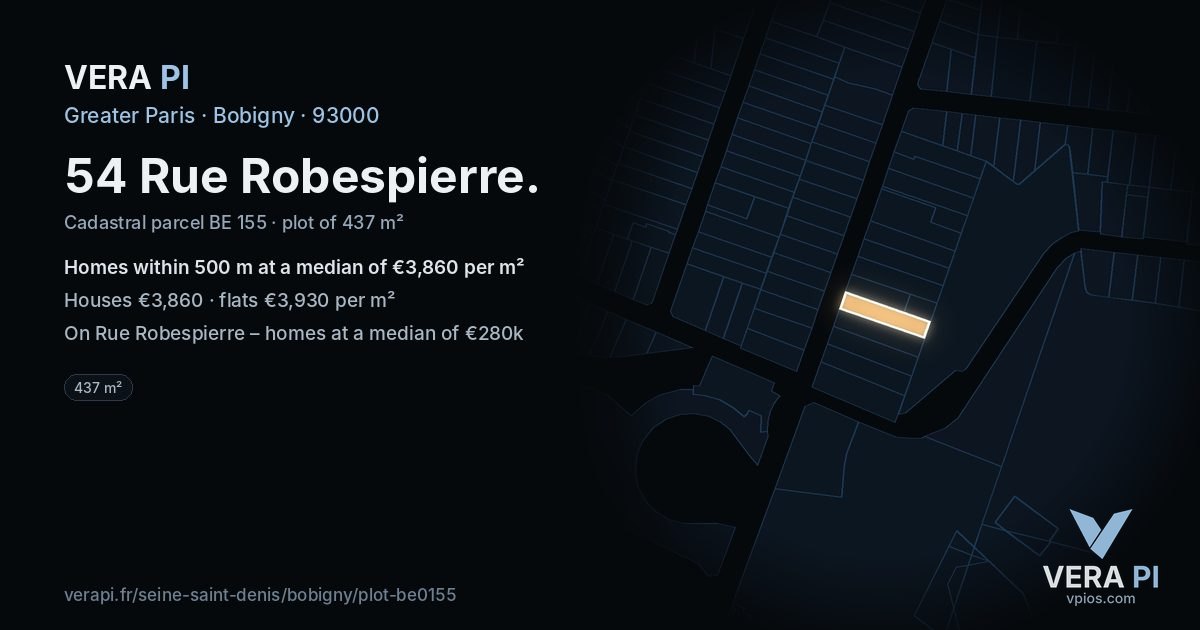 54 Rue Robespierre, Bobigny at night – the plot lit, the parcels around coloured by the prices near them