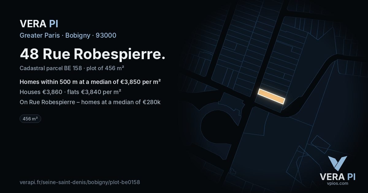48 Rue Robespierre, Bobigny at night – the plot lit, the parcels around coloured by the prices near them