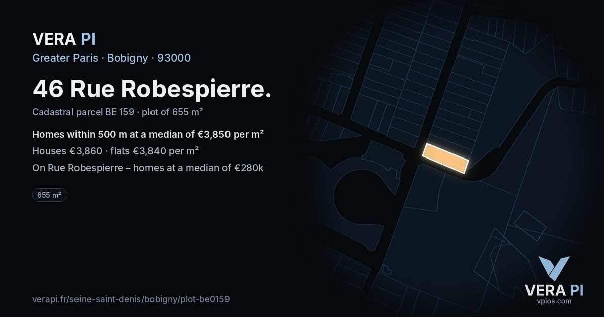 46 Rue Robespierre, Bobigny at night – the plot lit, the parcels around coloured by the prices near them