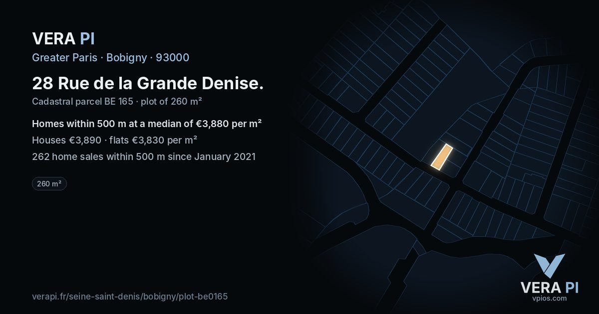28 Rue de la Grande Denise, Bobigny at night – the plot lit, the parcels around coloured by the prices near them