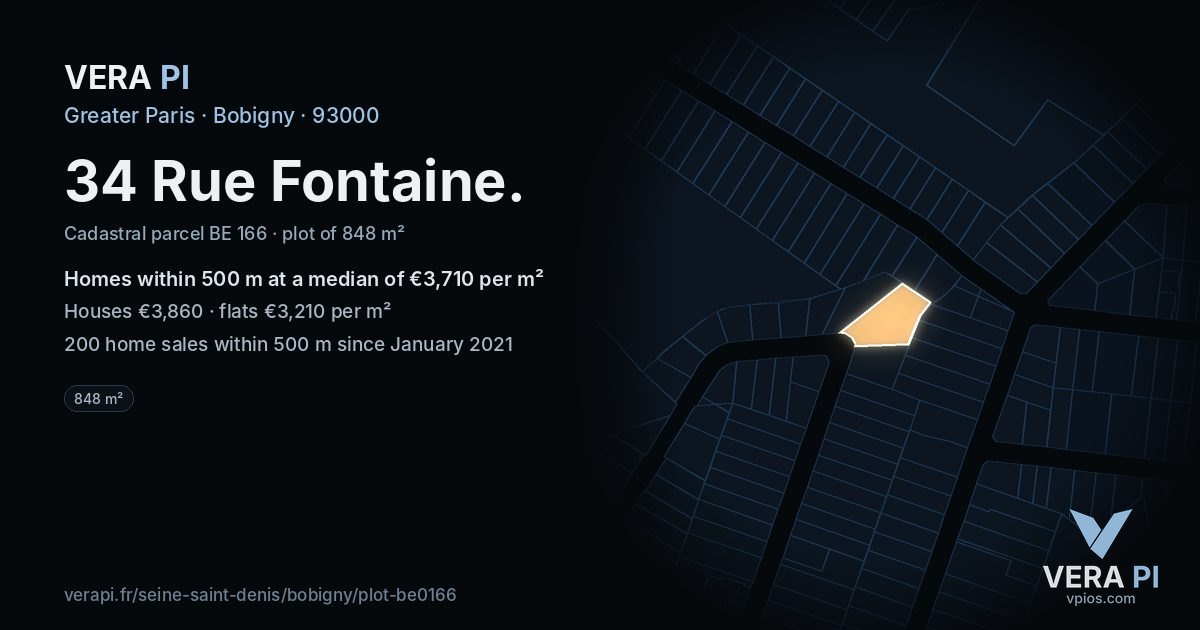34 Rue Fontaine, Bobigny at night – the plot lit, the parcels around coloured by the prices near them