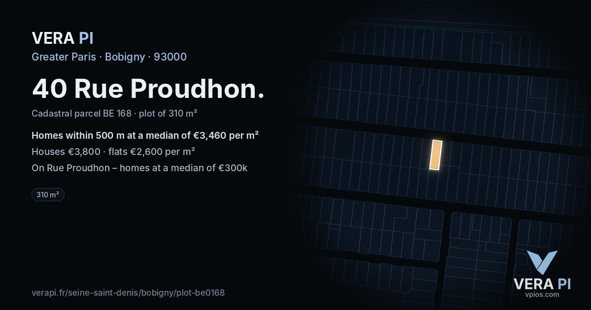 40 Rue Proudhon, Bobigny at night – the plot lit, the parcels around coloured by the prices near them