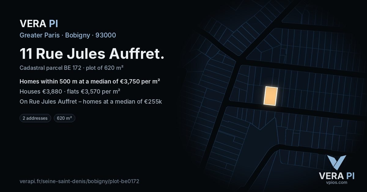 11 Rue Jules Auffret, Bobigny at night – the plot lit, the parcels around coloured by the prices near them