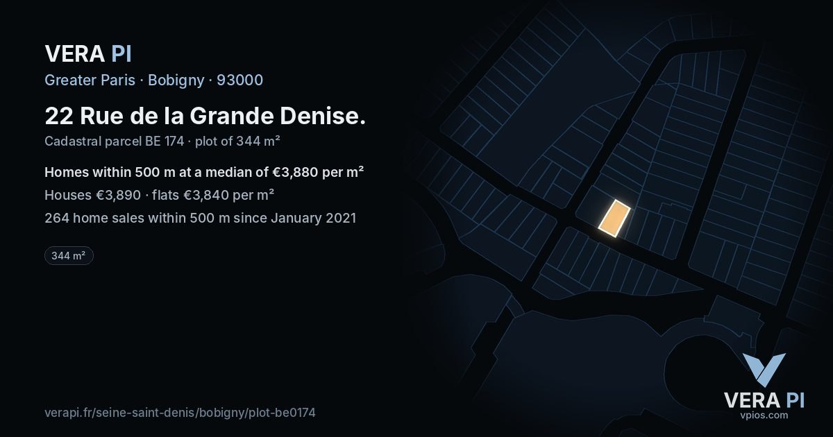 22 Rue de la Grande Denise, Bobigny at night – the plot lit, the parcels around coloured by the prices near them