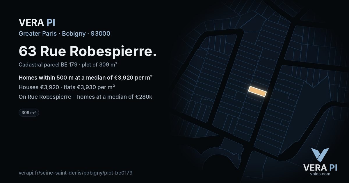 63 Rue Robespierre, Bobigny at night – the plot lit, the parcels around coloured by the prices near them