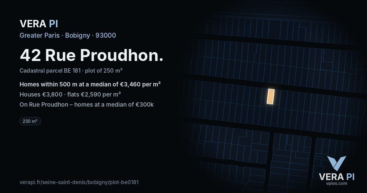 42 Rue Proudhon, Bobigny at night – the plot lit, the parcels around coloured by the prices near them