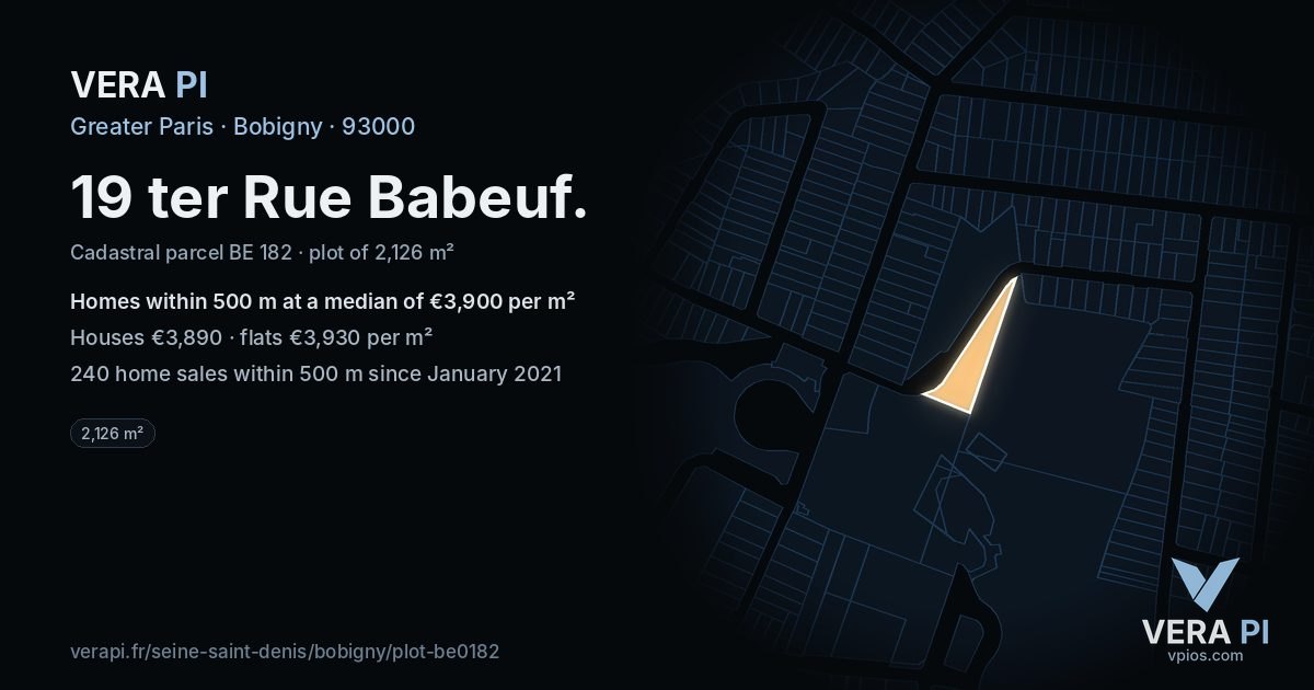 19 ter Rue Babeuf, Bobigny at night – the plot lit, the parcels around coloured by the prices near them