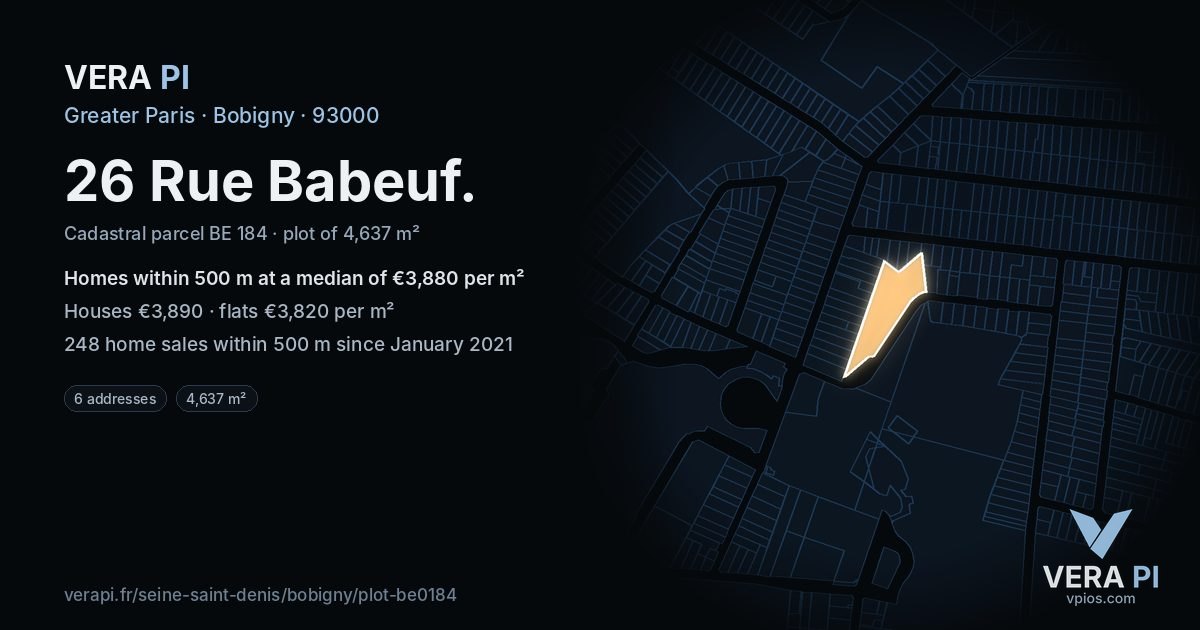 26 Rue Babeuf, Bobigny at night – the plot lit, the parcels around coloured by the prices near them