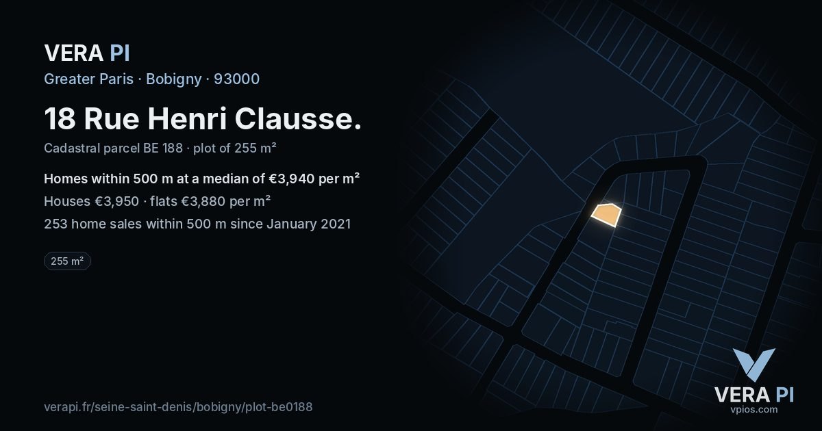 18 Rue Henri Clausse, Bobigny at night – the plot lit, the parcels around coloured by the prices near them