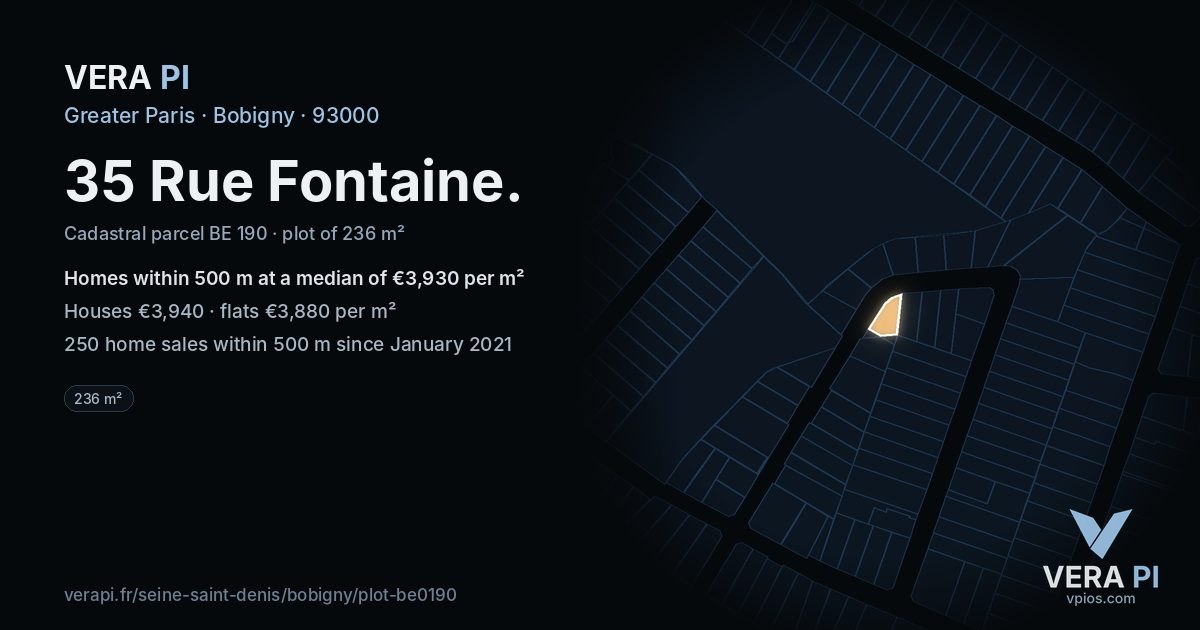 35 Rue Fontaine, Bobigny at night – the plot lit, the parcels around coloured by the prices near them